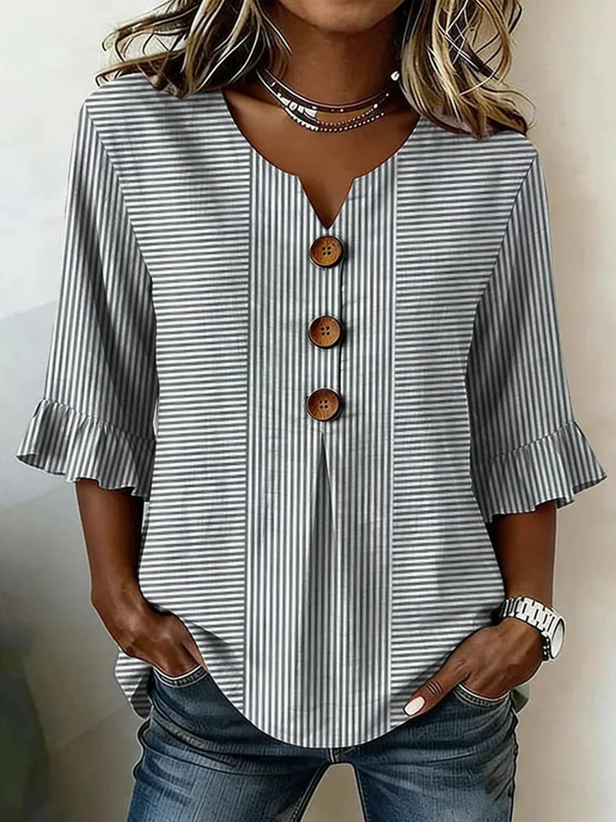 Casual V Neck 3/4 Sleeve Striped Print Blouse