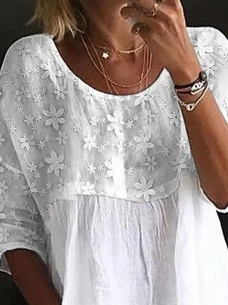 Women's Lace Embroidery Patchwork  Loose Crew Neck Split Joint Shirt