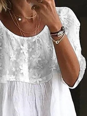 Women's Lace Embroidery Patchwork  Loose Crew Neck Split Joint Shirt