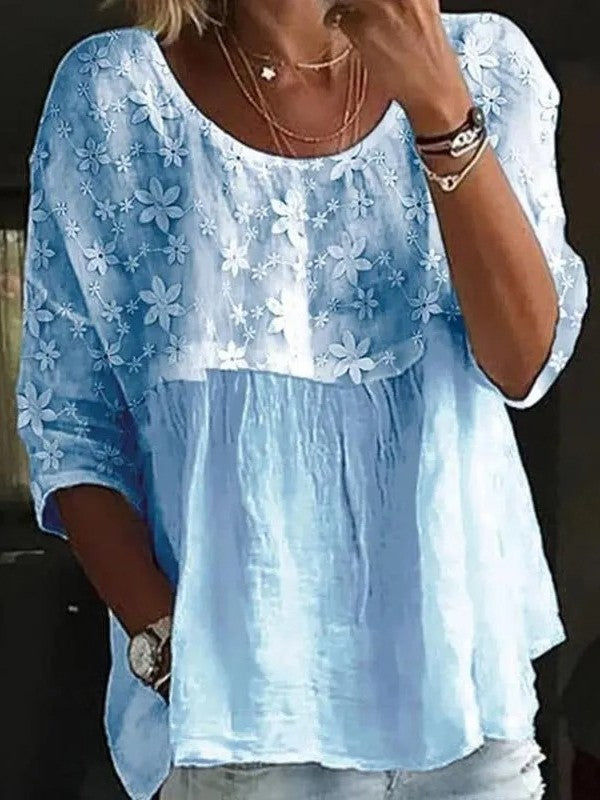 Women's Lace Embroidery Patchwork  Loose Crew Neck Split Joint Shirt