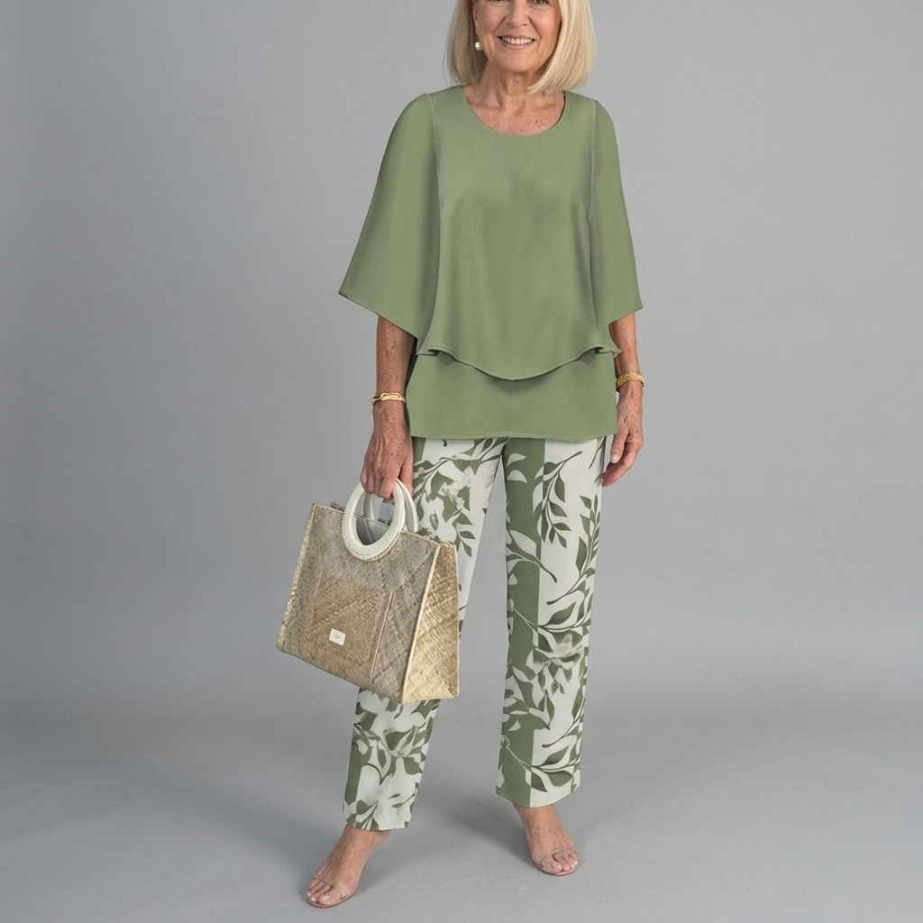 Casual Crew Neck 3/4 Sleeve Layered Hem Tops And Leaf Loose Pants Two Piece Set