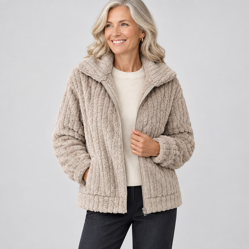 Woman wearing the Roberta warm plush fleece quilted zip-up jacket