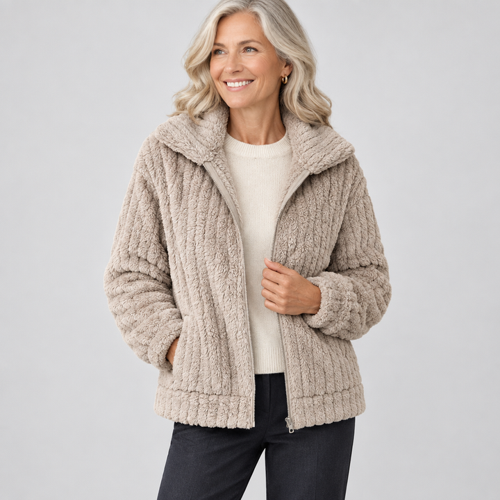 Woman wearing the Roberta warm plush fleece quilted zip-up jacket