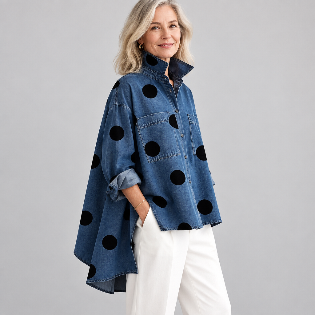 Woman wearing the Suzy relaxed polka dot overshirt with stand collar and high-low hem