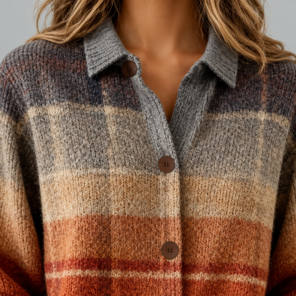 Close-up of the Edith cardigan collar, buttons and soft plaid knit