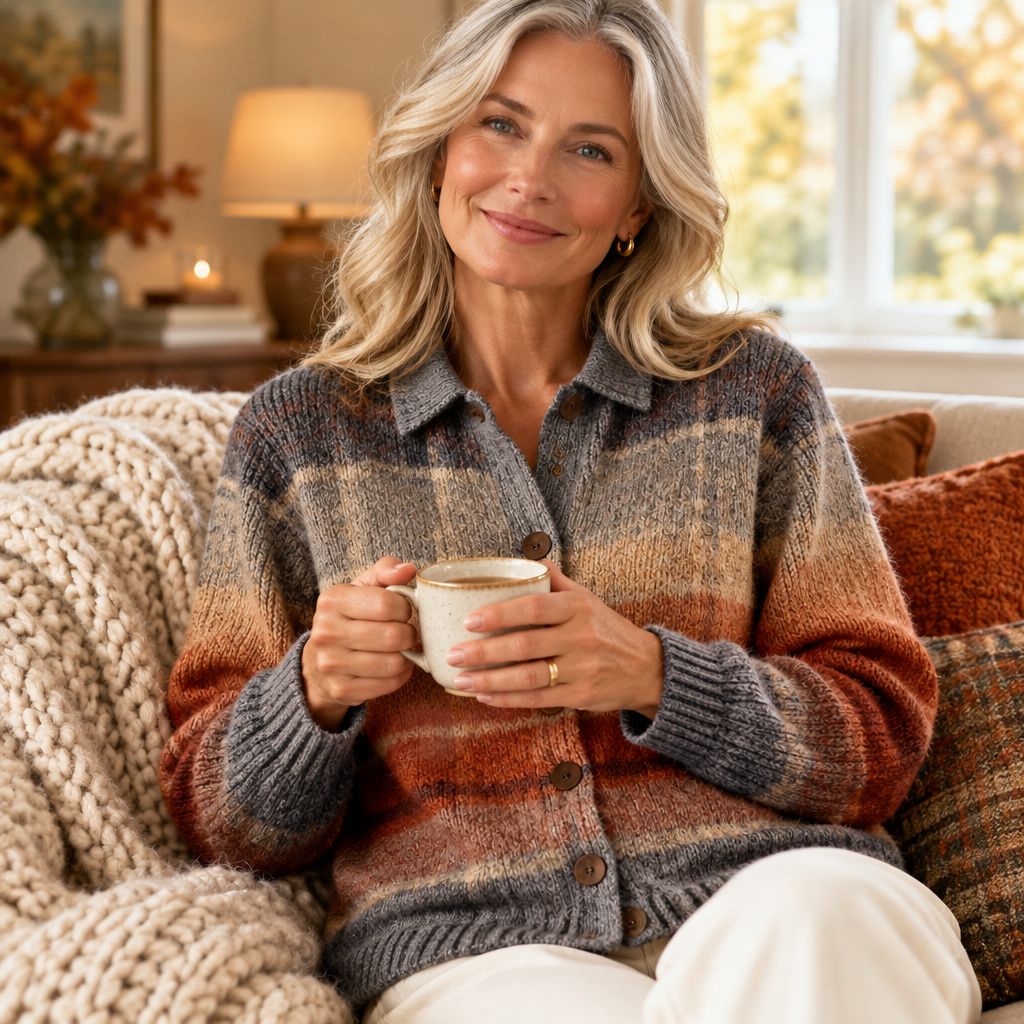Woman relaxing at home in the cosy Edith plaid cardigan