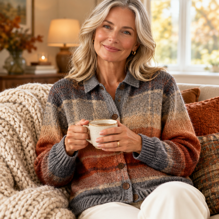 Woman relaxing at home in the cosy Edith plaid cardigan