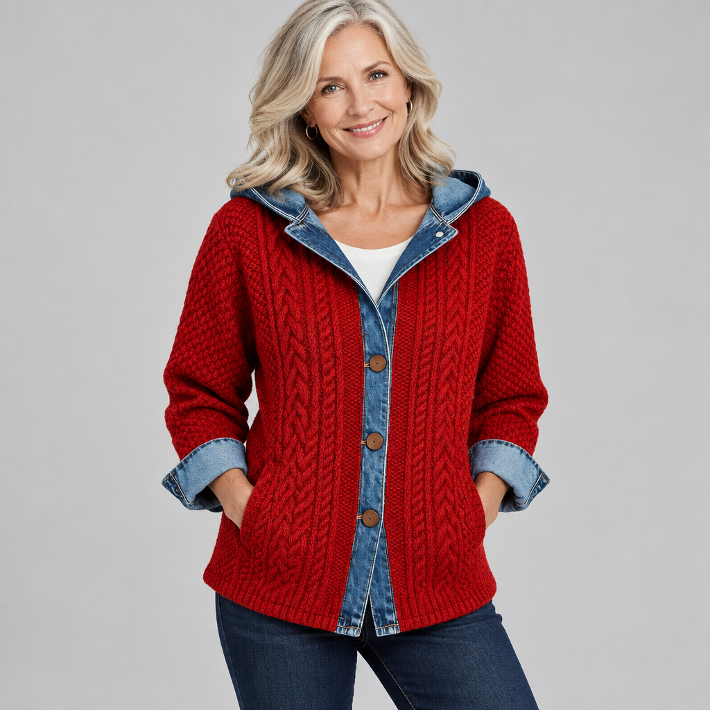 Woman wearing the Margot cosy hooded cable knit jacket in red with denim trim