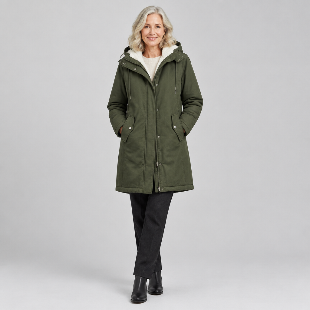 Woman wearing the Marjorie warm hooded longline coat with sherpa-style lining