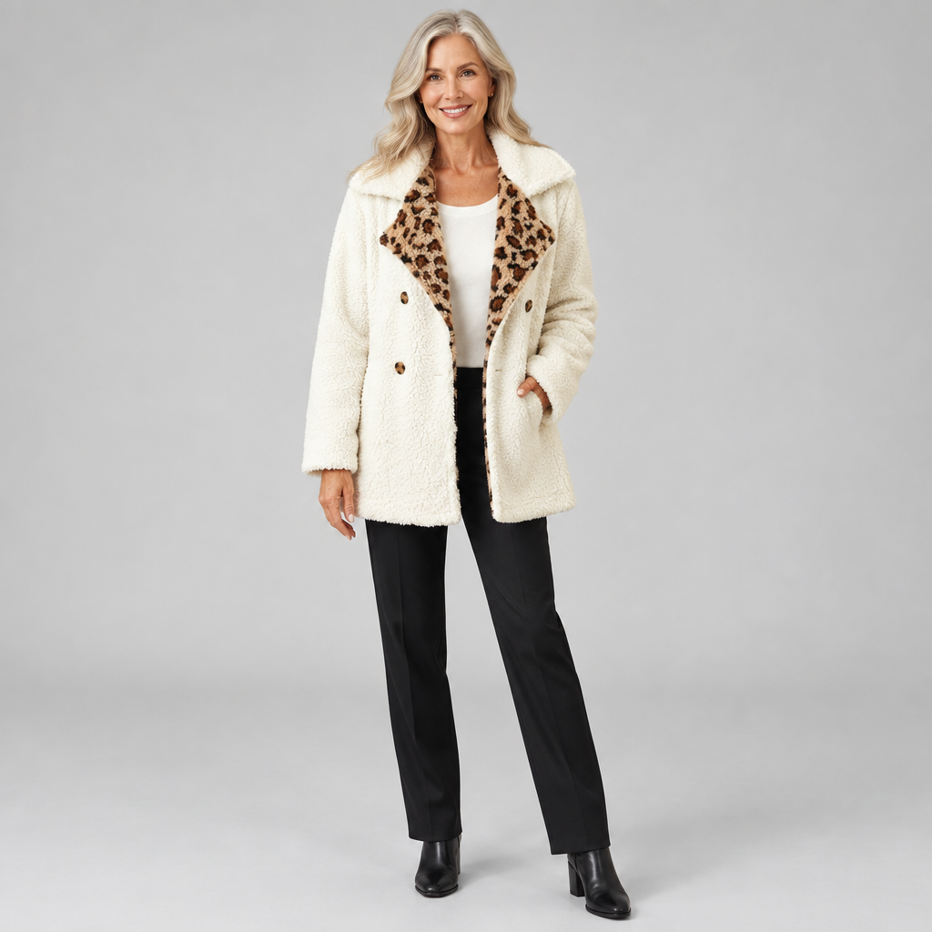 Woman wearing the Lori cosy leopard print teddy coat, front view