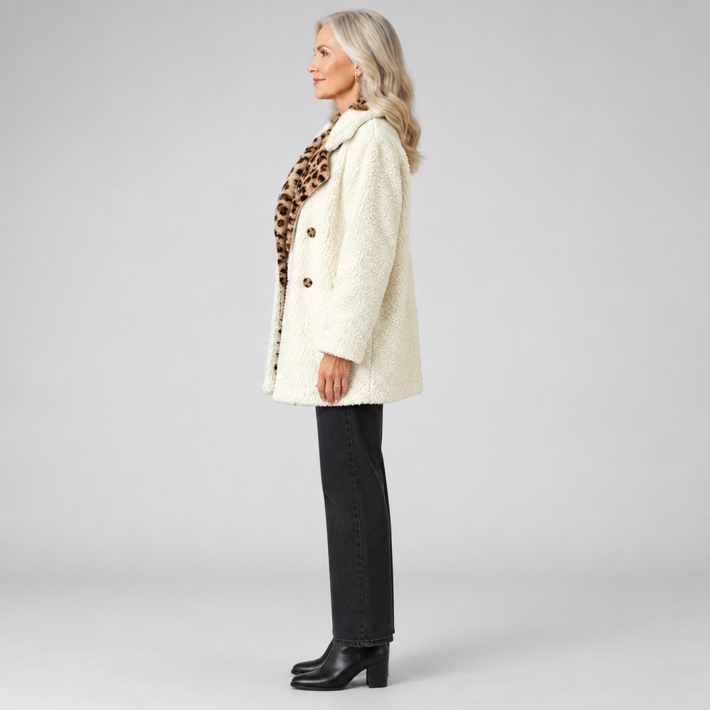 Lori leopard print teddy coat, side view showing length and fit