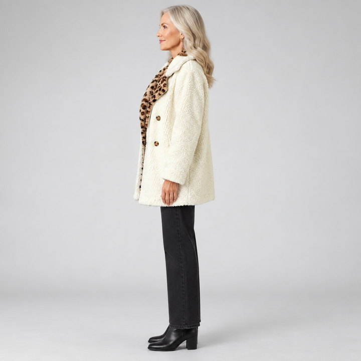 Lori leopard print teddy coat, side view showing length and fit