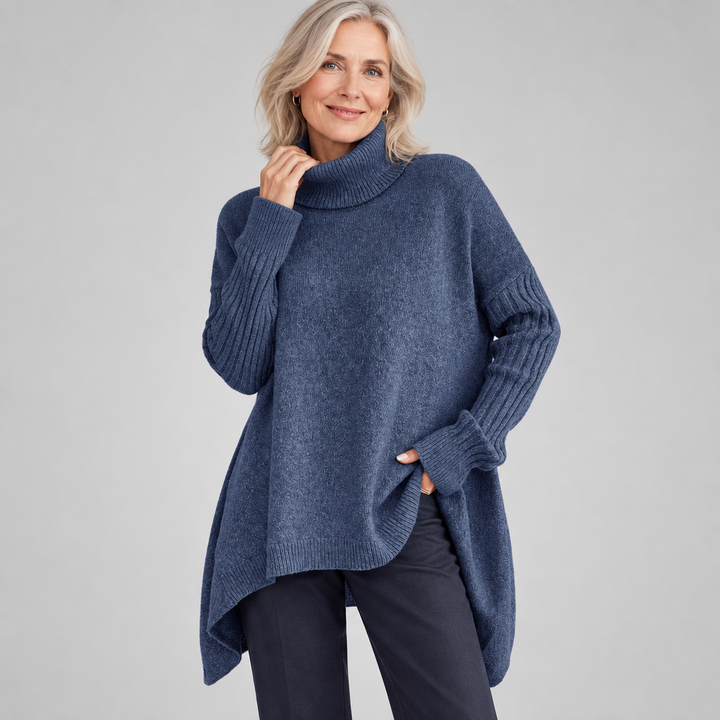 Woman wearing the Jana soft relaxed turtleneck jumper