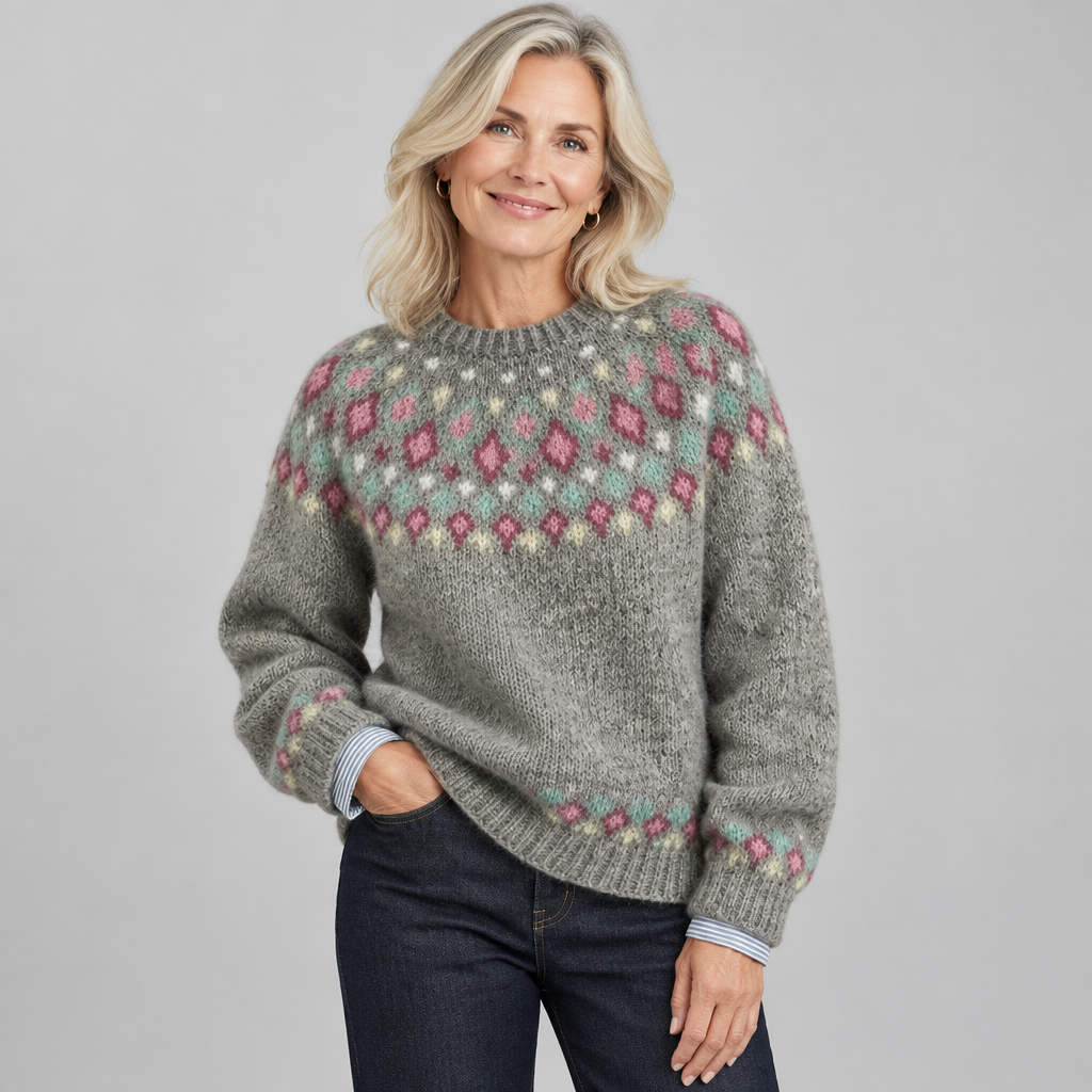 Woman wearing the Rebecca cosy Nordic knit jumper in soft grey