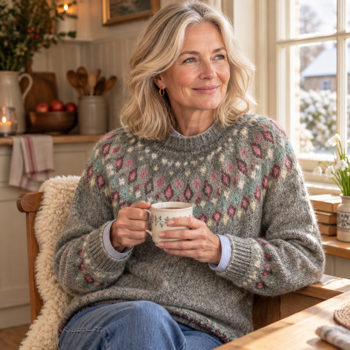 Woman at home in a cosy kitchen wearing the Rebecca Nordic knit jumper