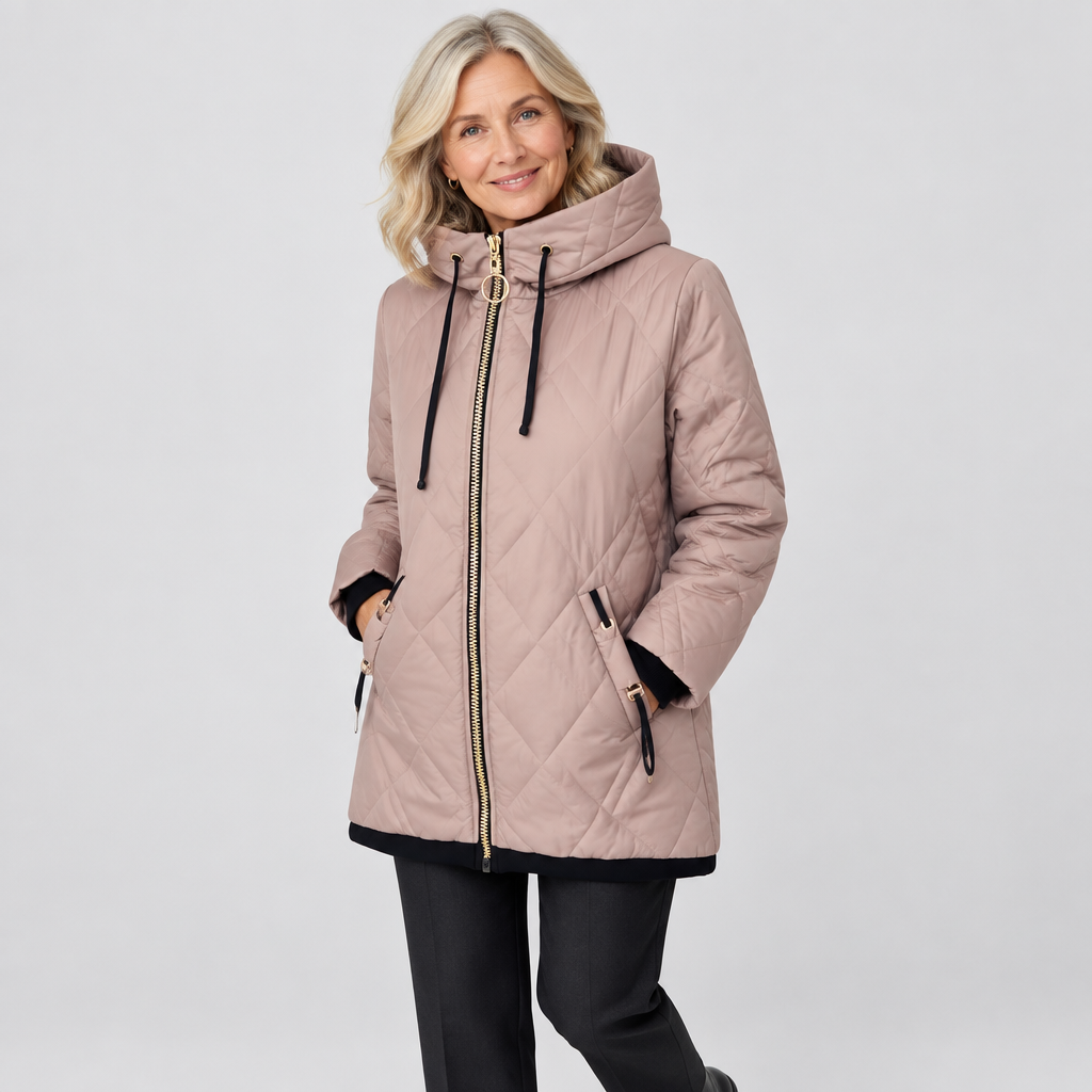 Woman wearing the Marilyn warm quilted hooded jacket with full zip