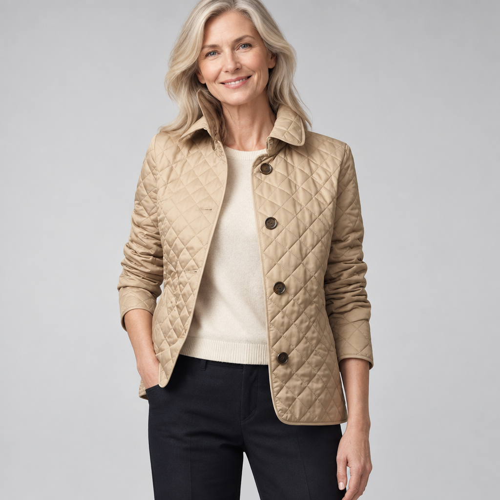 Woman wearing the Kelley lightweight quilted jacket over a cream jumper
