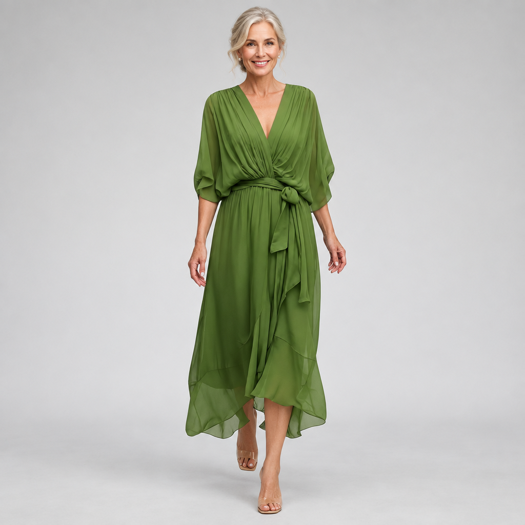 Woman wearing the Powell elegant chiffon V-neck dress with tie waist
