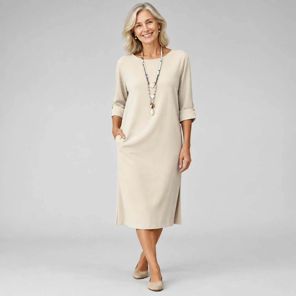 Woman wearing the Evelyn comfortable lightweight midi dress