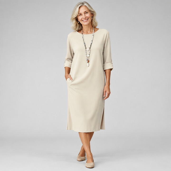 Woman wearing the Evelyn comfortable lightweight midi dress