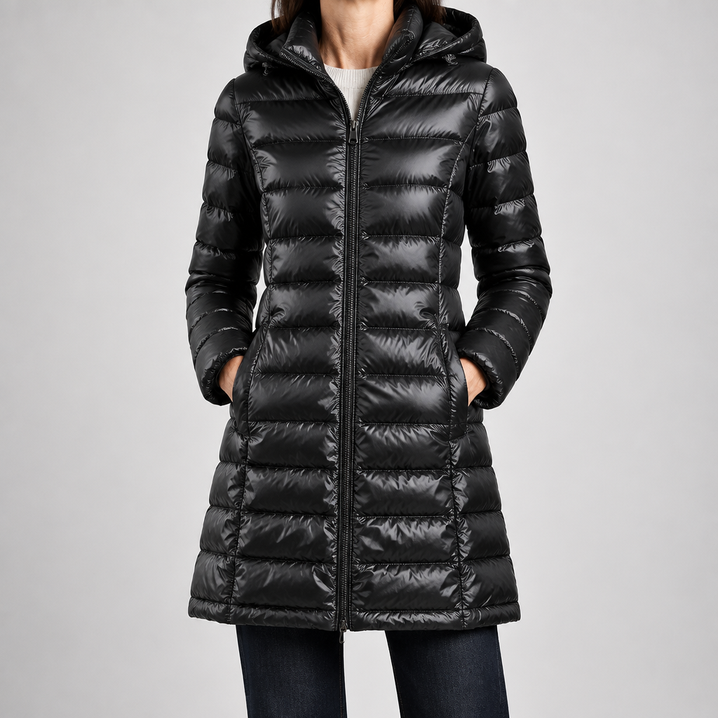 Woman wearing the Feathra ultralight down jacket in black