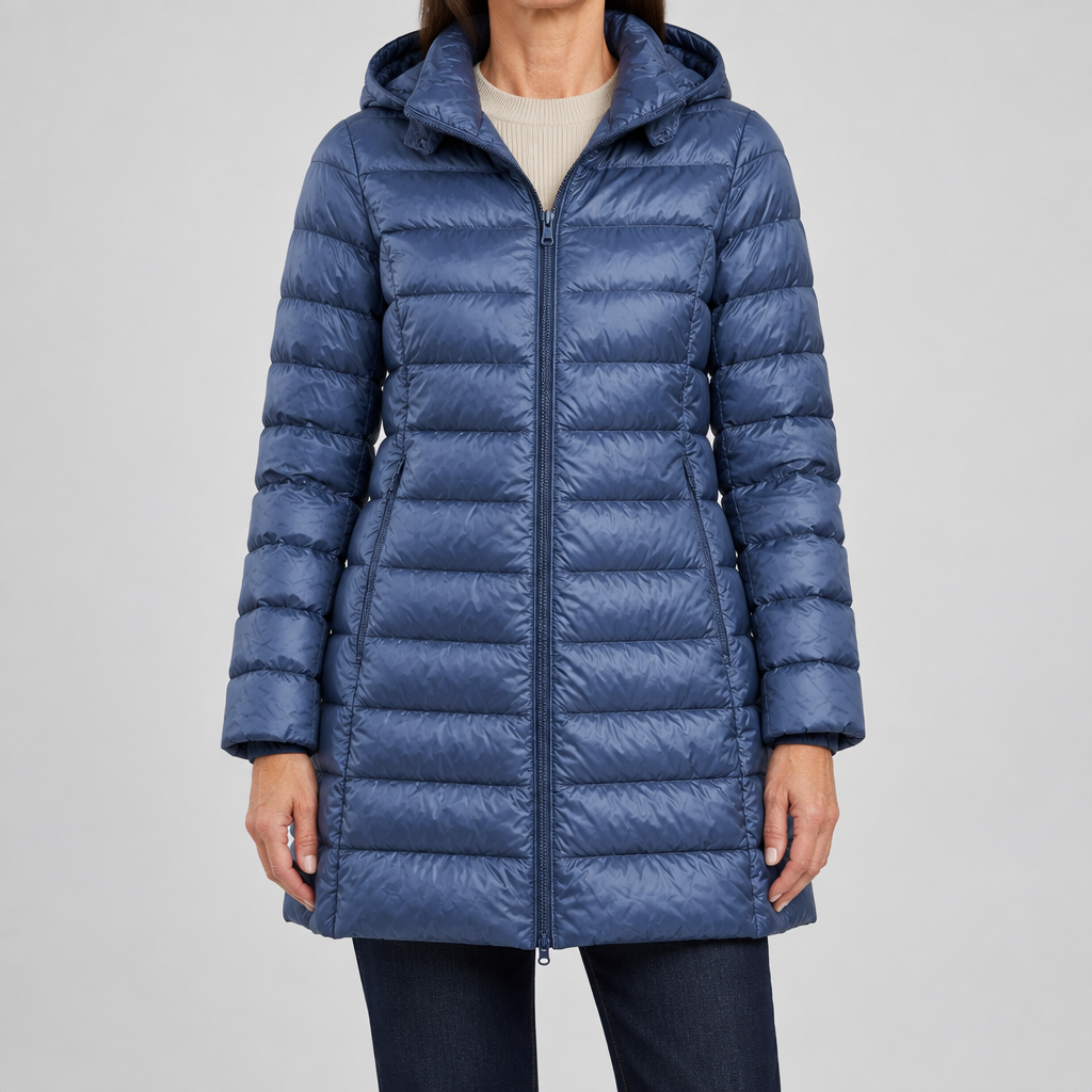 Woman wearing the Feathra ultralight down jacket in blue