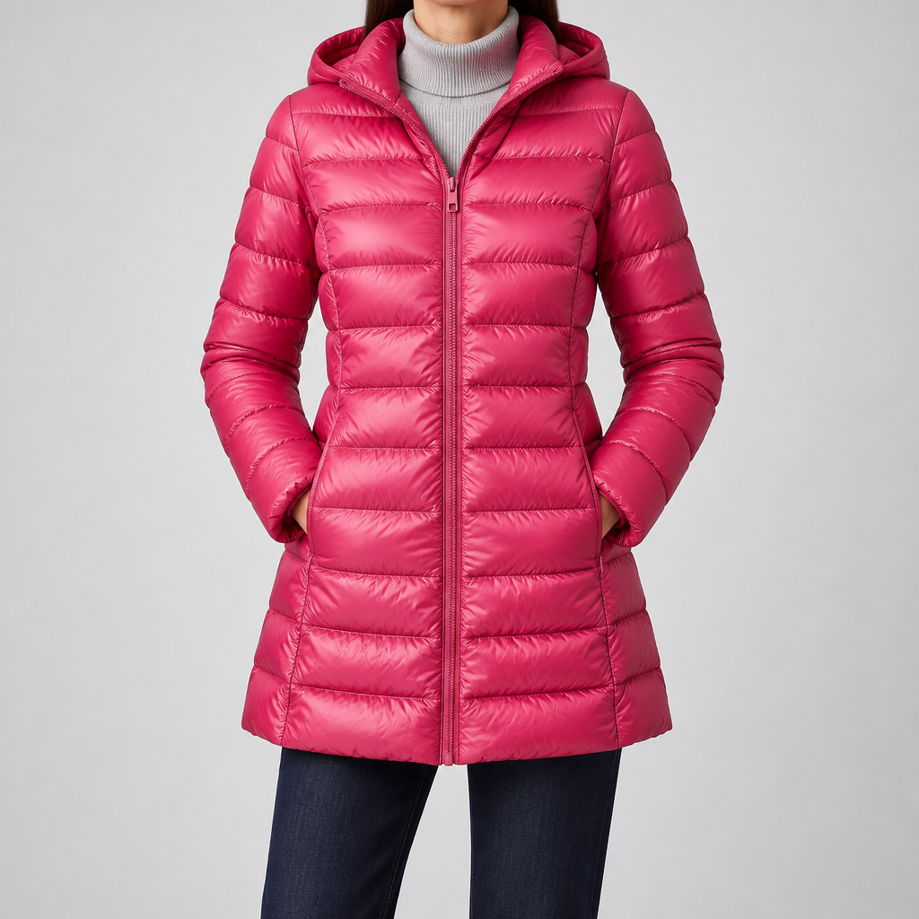 Woman wearing the Feathra ultralight down jacket in burgundy