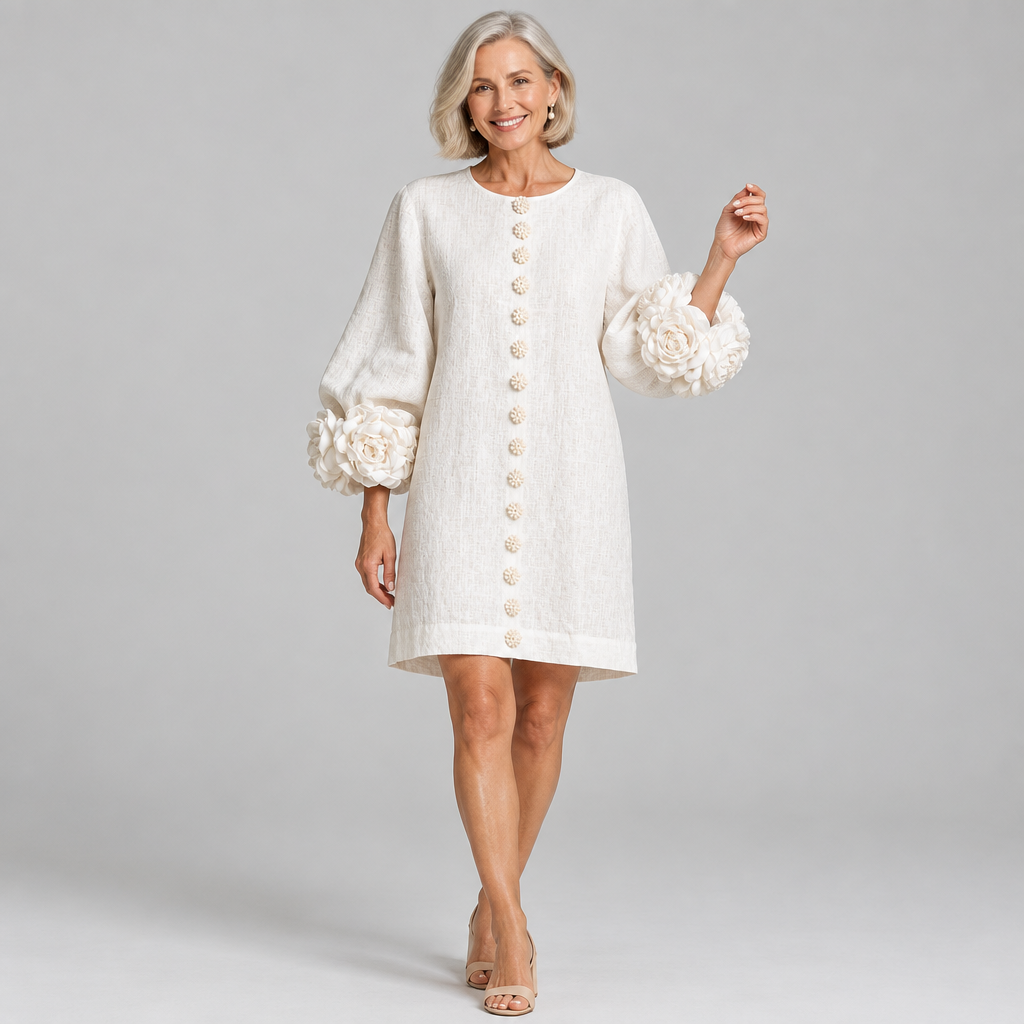 Woman wearing the Rosalie relaxed button-down dress with rose-knot cuffs