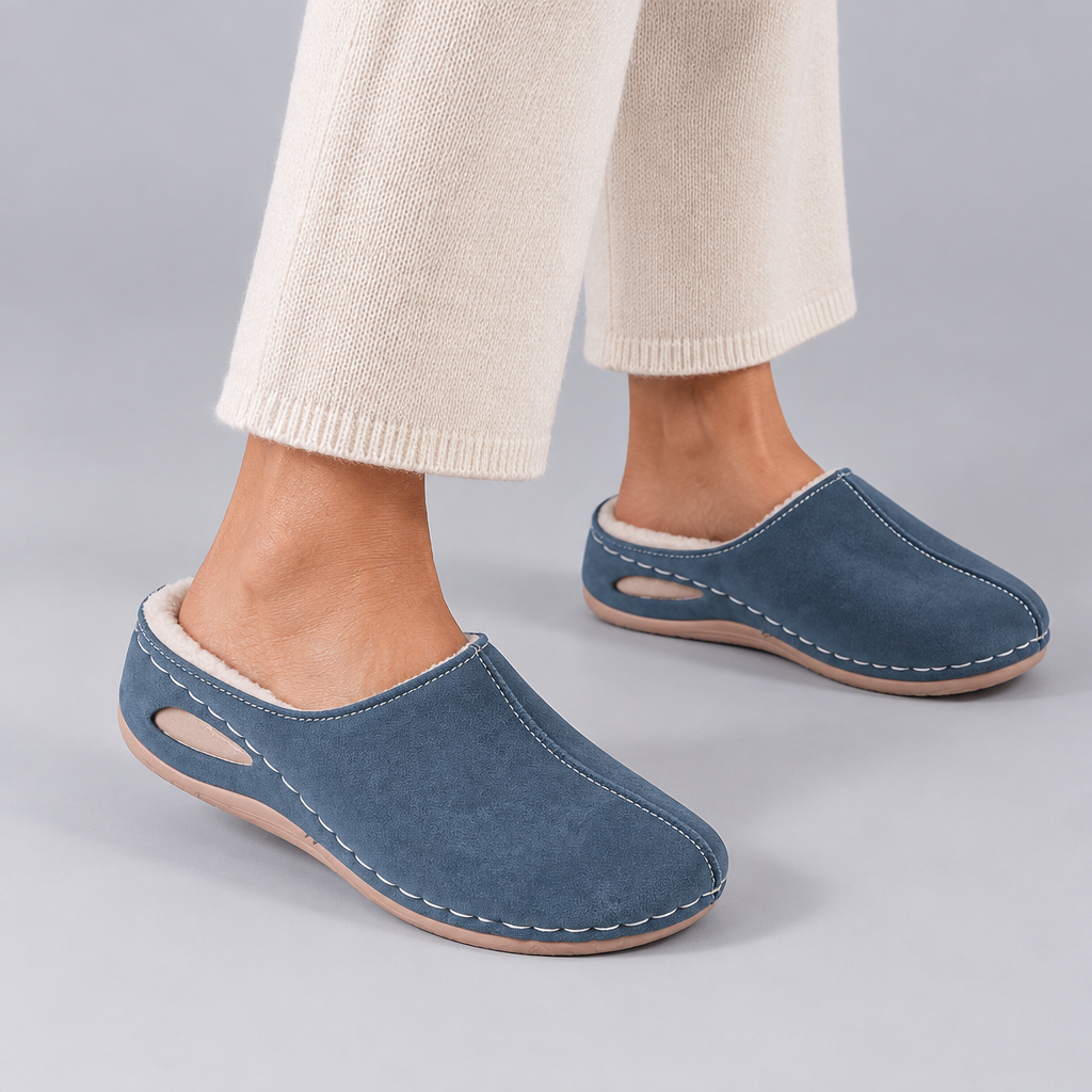 Woman wearing the Polerine orthopaedic cosy slippers
