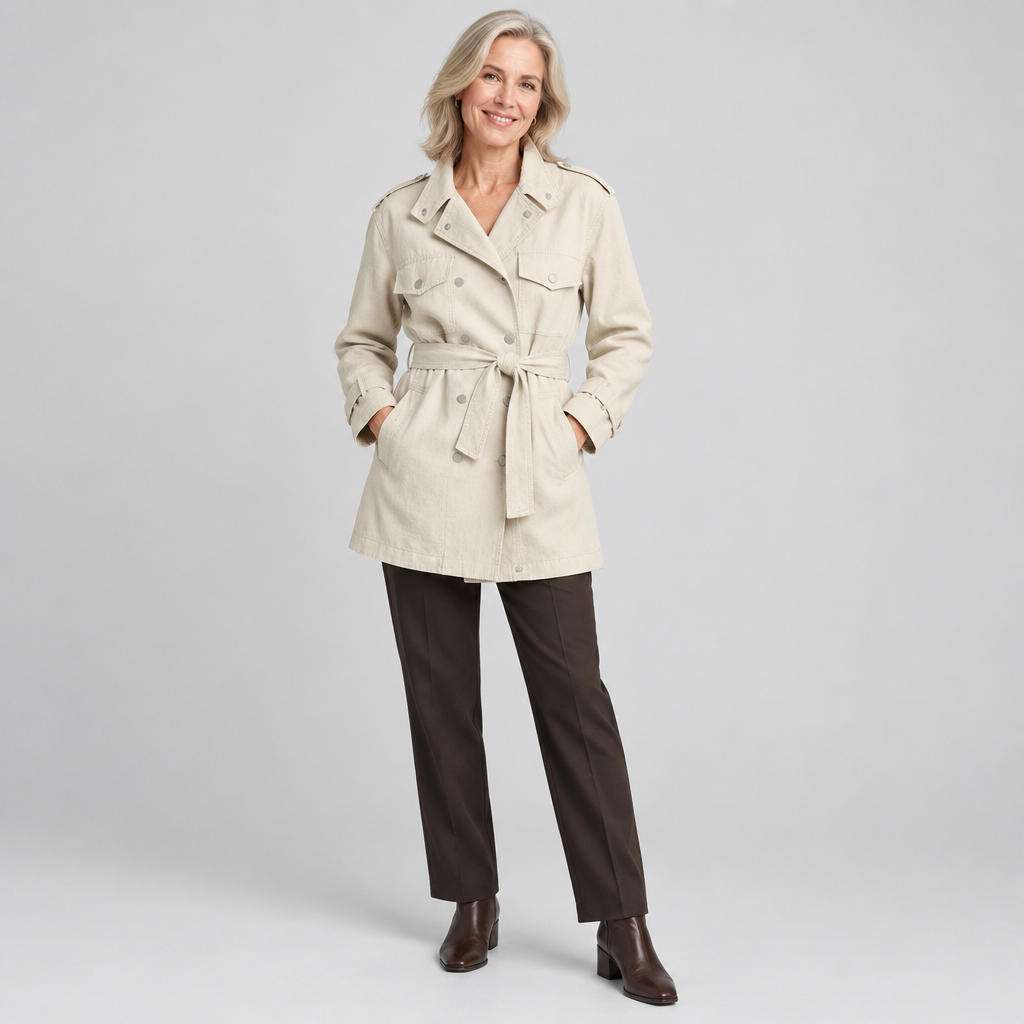 Woman wearing the Amélie belted double-breasted overcoat