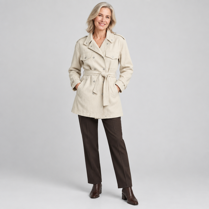 Woman wearing the Amélie belted double-breasted overcoat