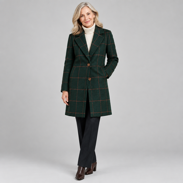 Woman wearing the Coralie classic checked coat in green