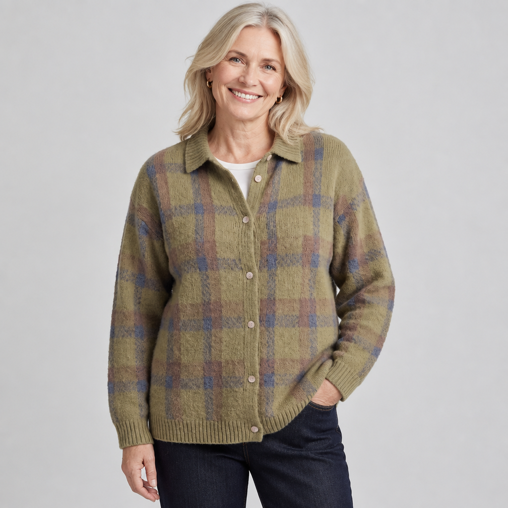 Woman wearing the Vivienne soft retro check jumper in khaki