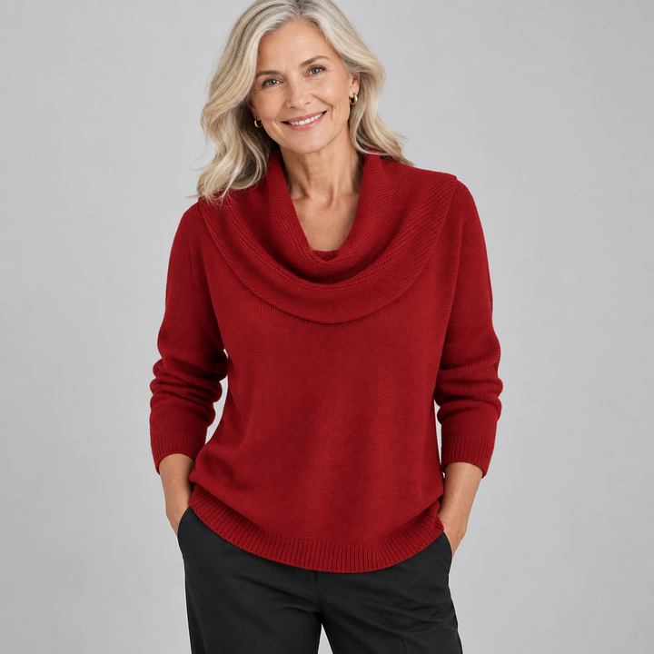Woman wearing the Aveline soft collared cotton jumper