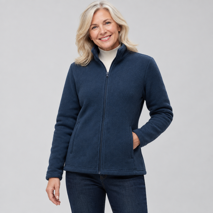 Woman wearing the Willow cosy full-zip fleece jacket