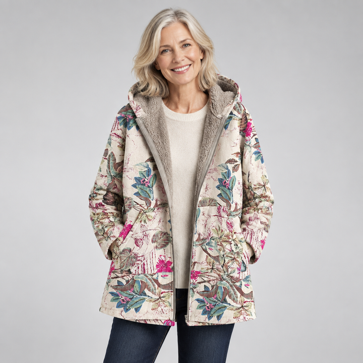 Woman wearing the Melvaris pretty floral fleece jacket