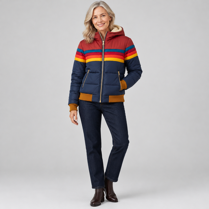 Woman wearing the Maisie warm longline puffer coat with retro stripe