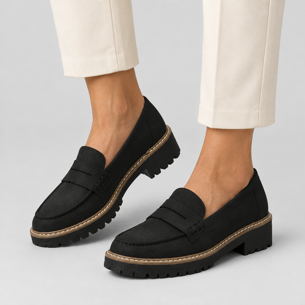 Woman wearing the Daisy orthopaedic penny loafers with chunky sole