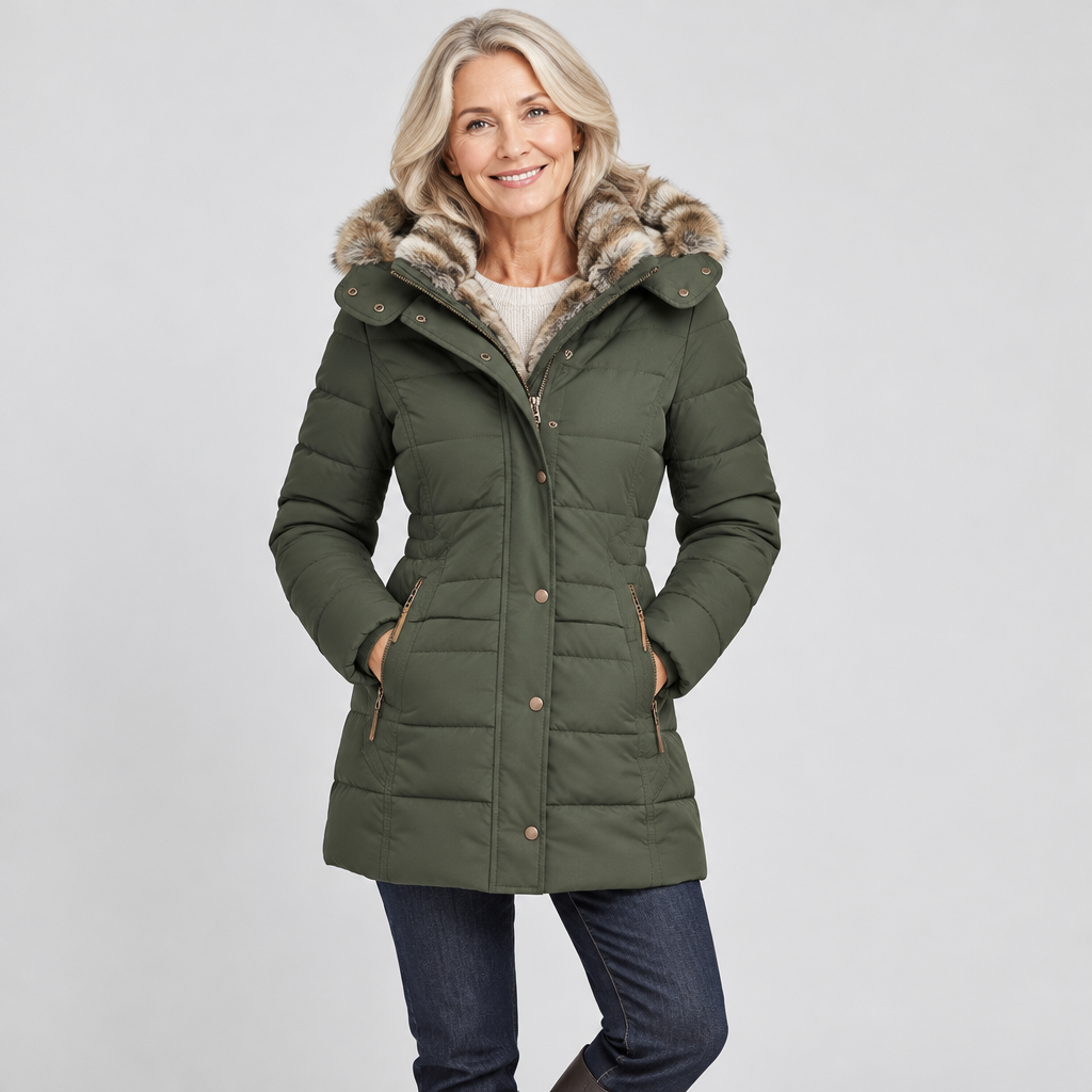 Woman wearing the Sienna warm faux-fur hooded puffer coat