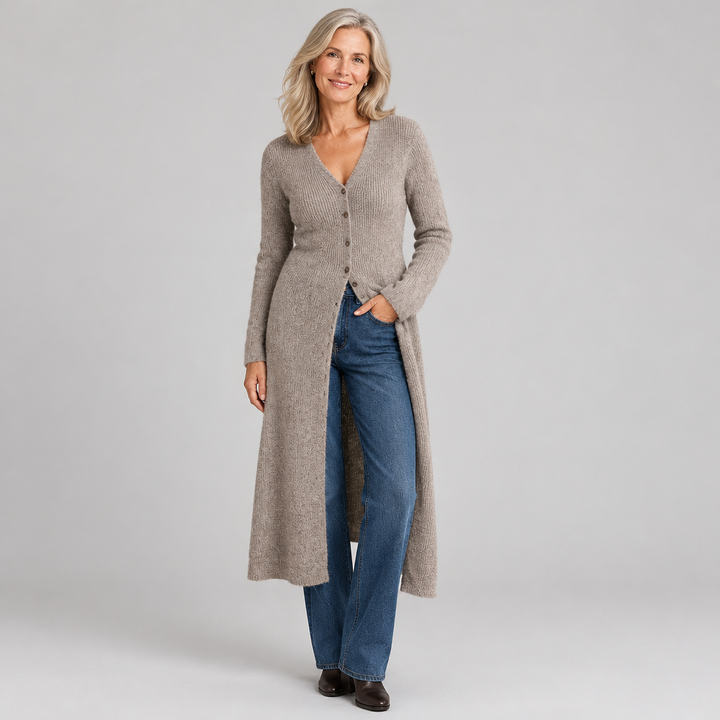 Woman wearing the Freya elegant longline knit cardigan