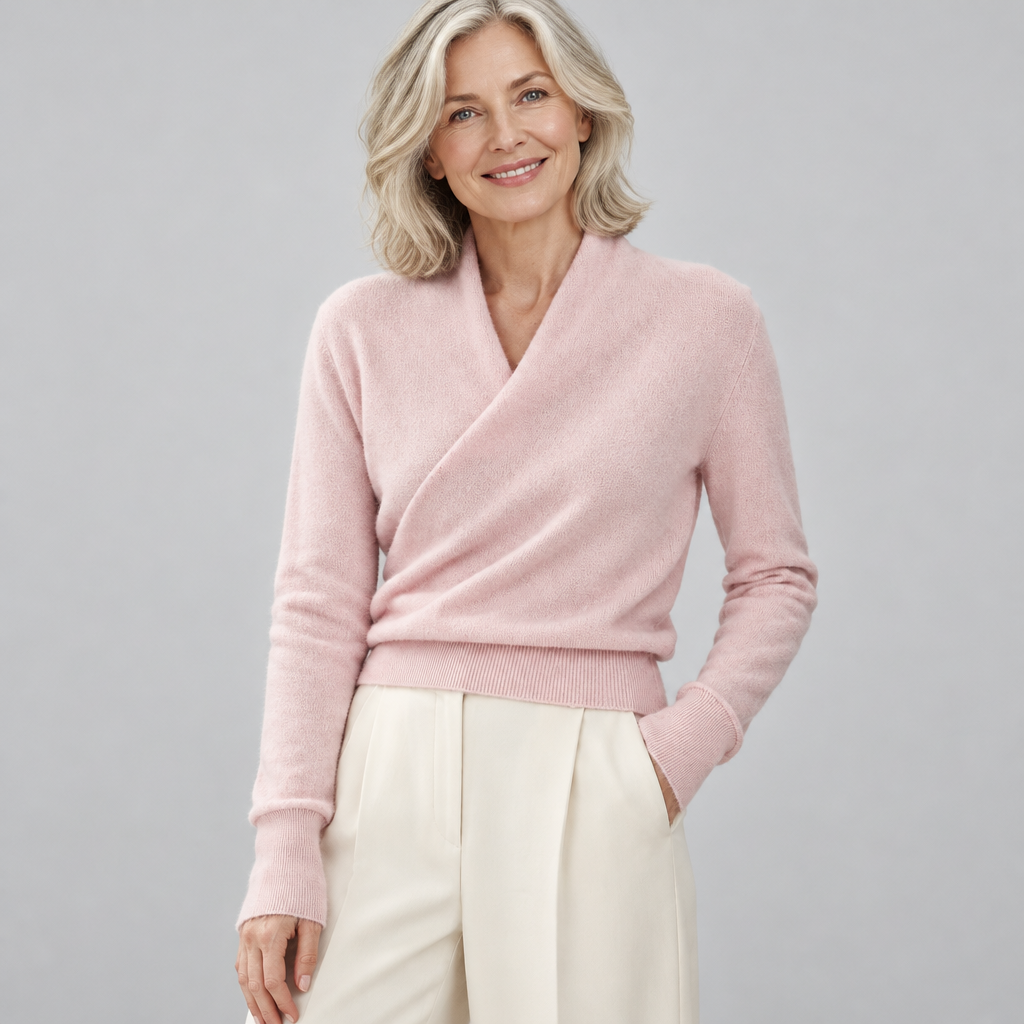 Woman wearing the Isla soft crossover shawl-neck jumper
