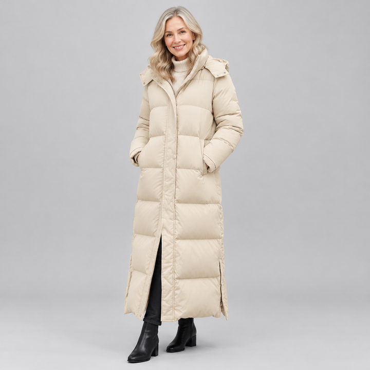 Woman wearing the Scarlett warm maxi hooded puffer coat