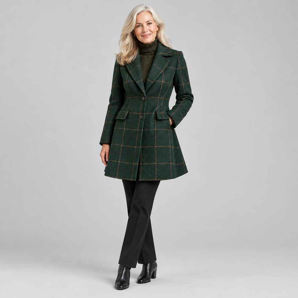 Woman wearing the Eleanor tailored notched-lapel coat