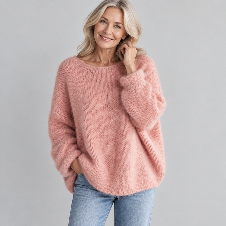 Woman wearing the Poppy soft oversized fluffy knit jumper