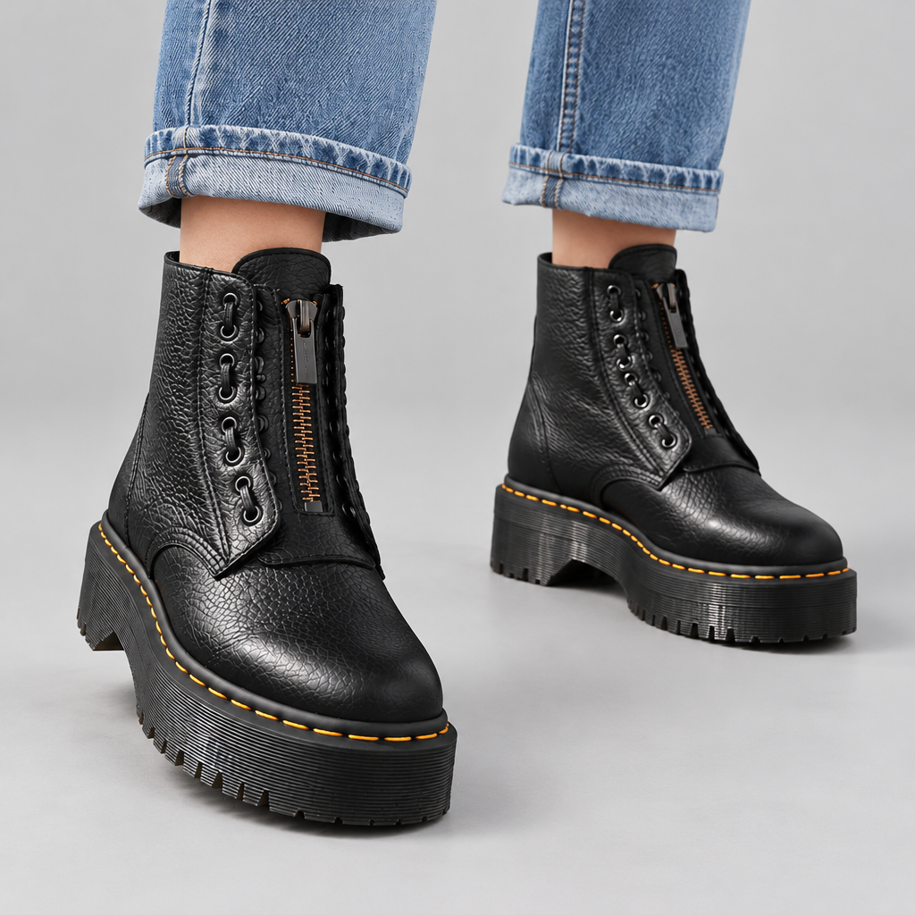 Woman wearing the Nora chunky platform front-zip ankle boots with jeans