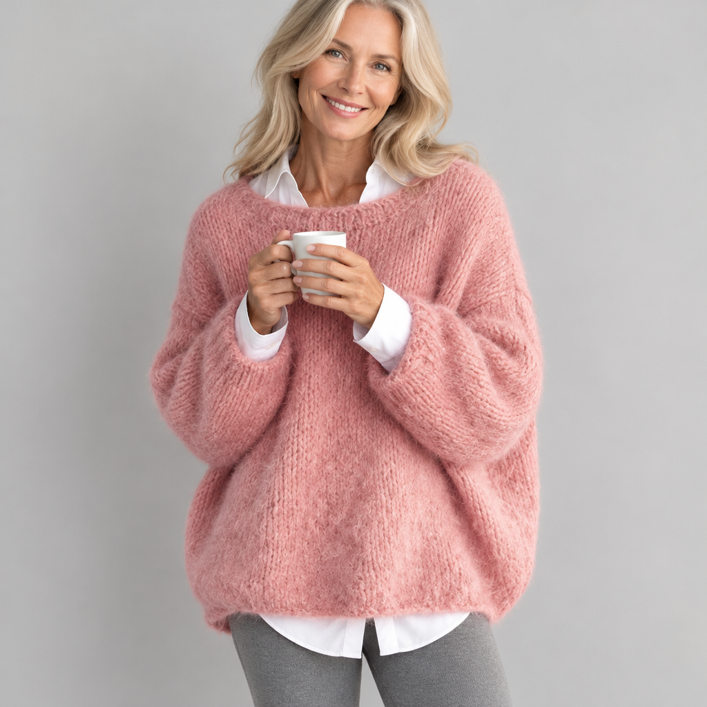 Woman wearing the Mabel cloud-soft oversized pastel jumper