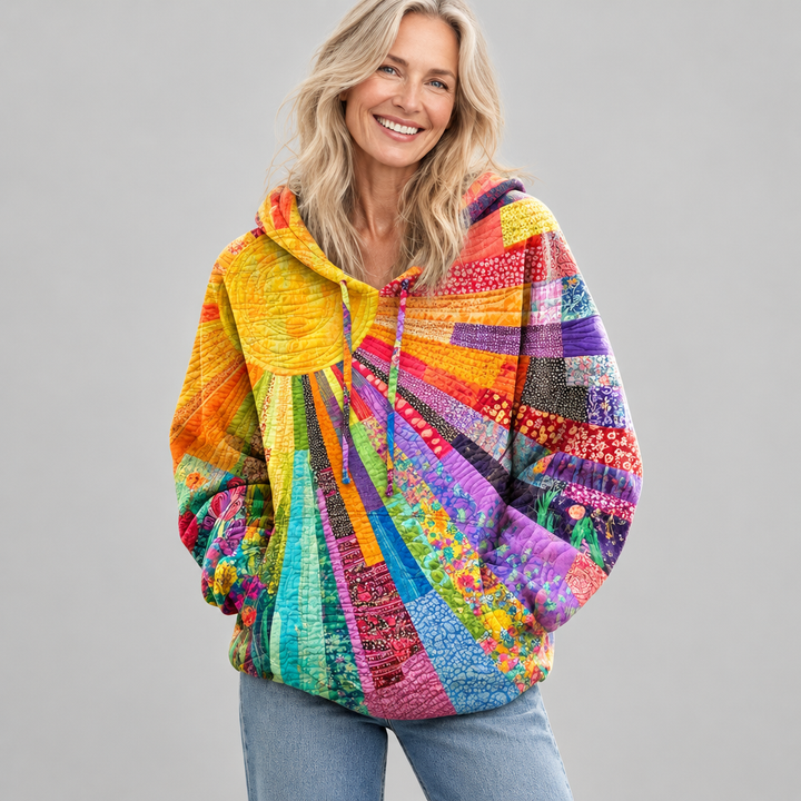 Woman wearing the Amanda colourful patchwork quilted hoodie