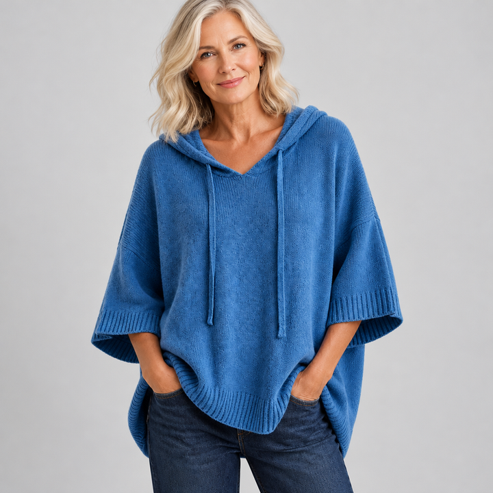 Woman wearing the Celinda chic oversized hooded jumper