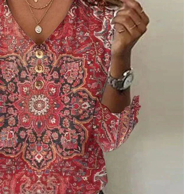 Loretta | Flattering Boho Print V-Neck Top – 3/4 Sleeves, Coral Red