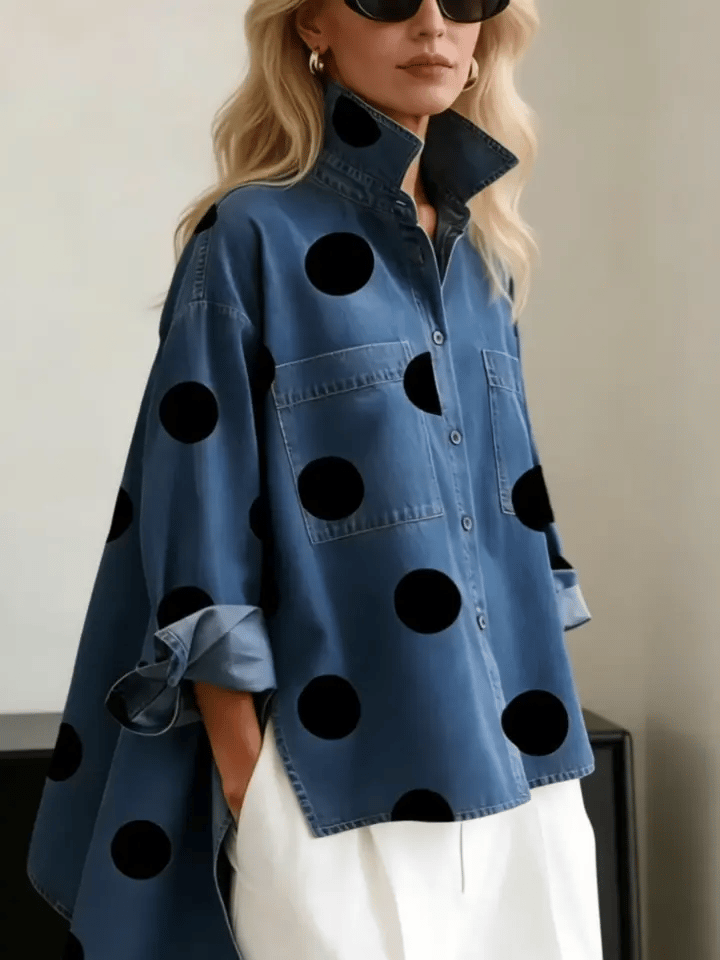 Suzy | Relaxed Polka Dot Overshirt – Stand Collar, High-Low Hem